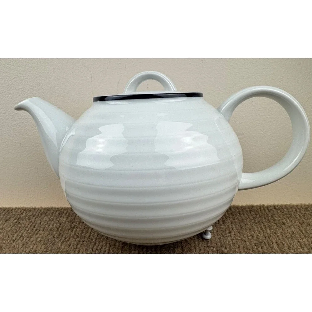 CRATE & BARREL Spal Roulette White Ribbed Porcelain Teapot Blue Trim Excellent